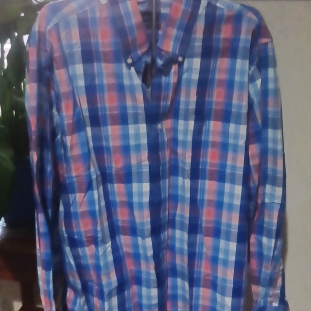 Long sleeve blue and coral button up shirt